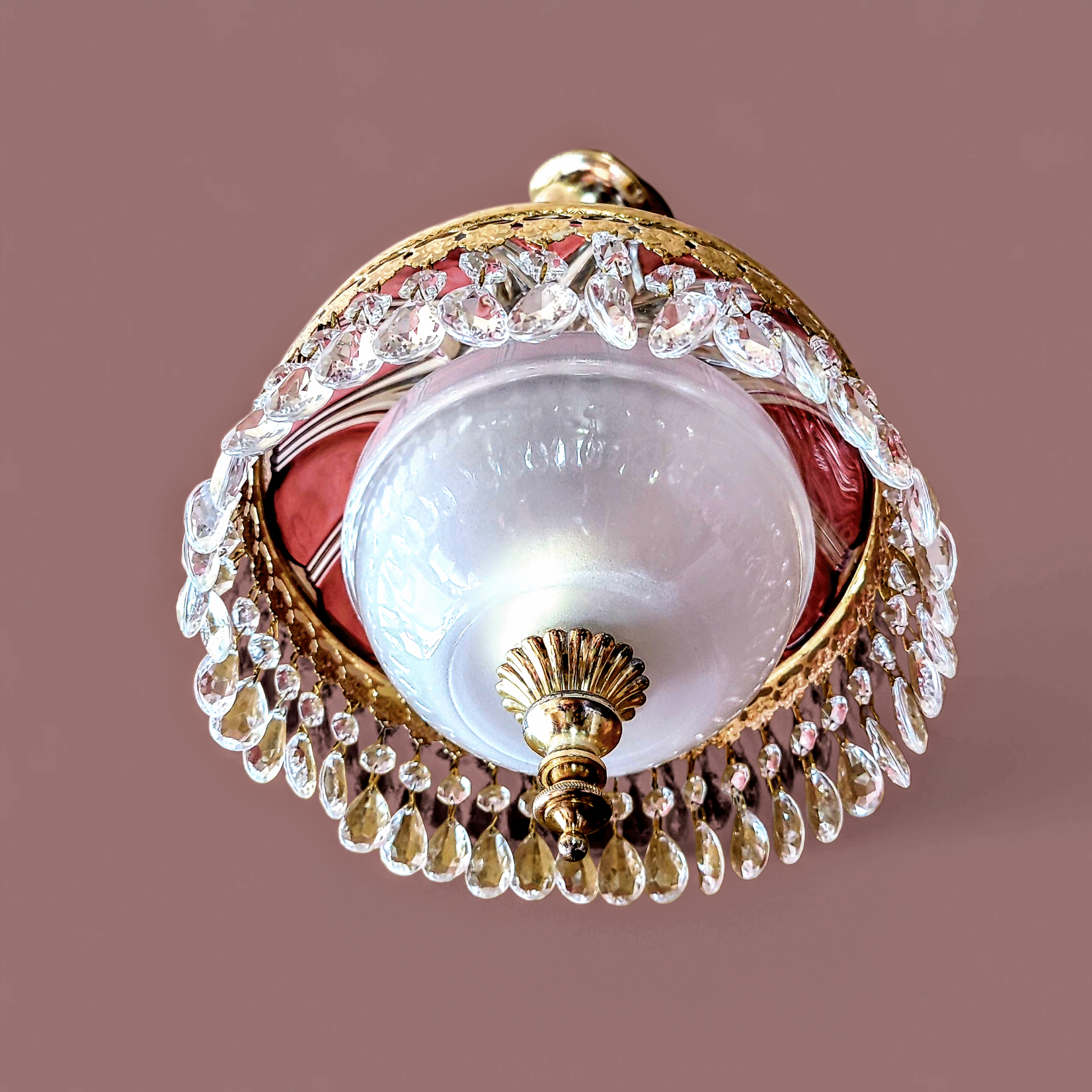 Antiikroosast klaasist vintage rippvalgusti kristallidega - Image 5