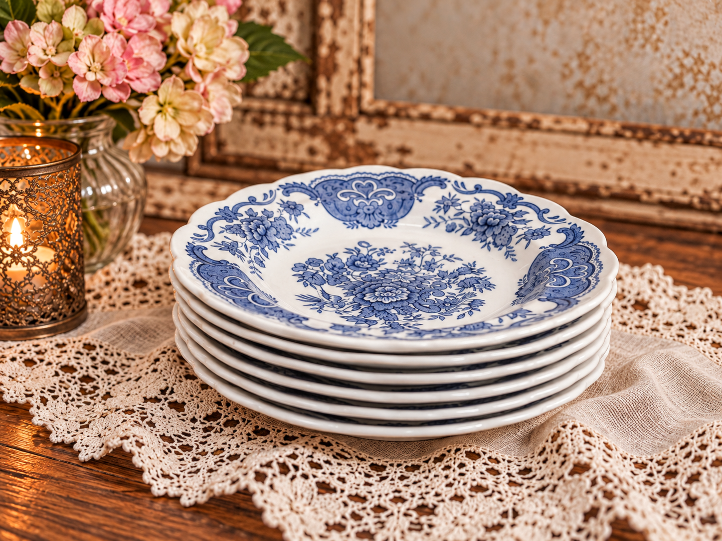Desserttaldrikud Staffordshire „Windsor“ sini-valged - Vintage - Pilt 3