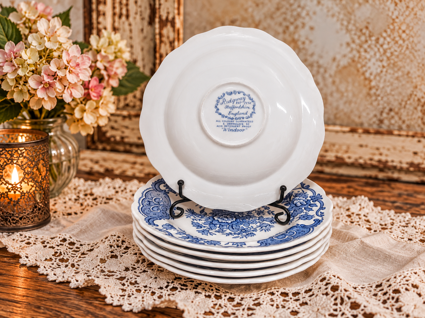 Desserttaldrikud Staffordshire „Windsor“ sini-valged - Vintage - Pilt 4