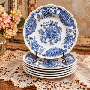 Desserttaldrikud Staffordshire „Windsor“ sini-valged - Vintage
