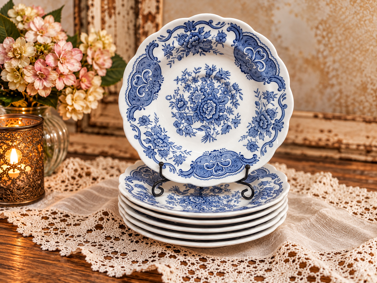 Desserttaldrikud Staffordshire „Windsor“ sini-valged - Vintage